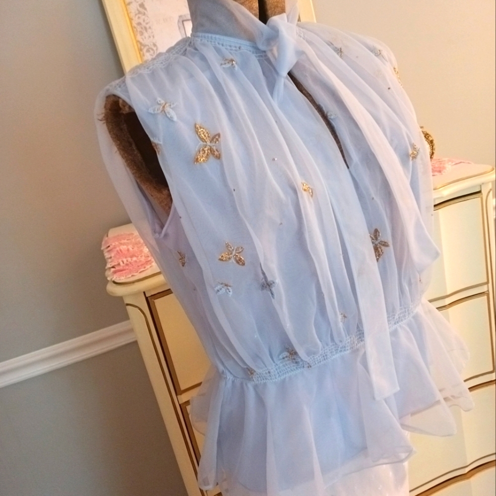 RARE, VINTAGE "EYEFUL BY THE FLAUMS" BLUE NYLON CHIFFON TOP! LIKE NEW! - Picture 13 of 17